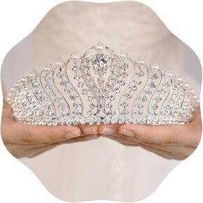 Silver Pearl Crown for Women Queen Crown and Tiara for Women Crystal Rhinestone Princess Tiaras Crowns Wedding Hair Accessories for Bride Birthday Party Prom