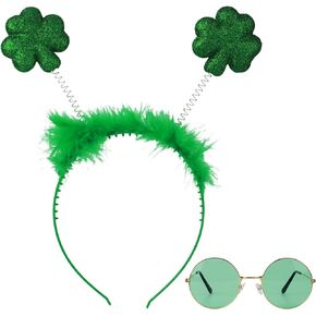 PEUTIER 2pcs St Patricks Day Costume, St. Patricks Day Headband and Sunglasses Set, Cute Fluffy Shamrock Hair Hoop Green Clover Hairband Irish Headpiece Accessories for Women Men Kids Party Favors