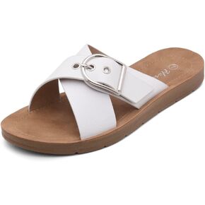 Herstyle Womens SL-Marcel Flat Sandals Fashion Slides Open Toe Crisscross Buckle Comfort Summer Walking Shoes