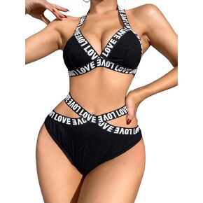 SweatyRocks Women's Letter Print Halter Bra and High Cut Panties Underwear 2 Piece Lingerie Set