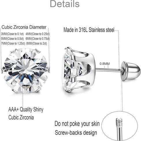 LOYALLOOK 6 أزواج من الفولاذ المقاوم للصدأ مكعب زركونيا شفاف أقراط أذن للنساء 3-8 مم in Kuwait