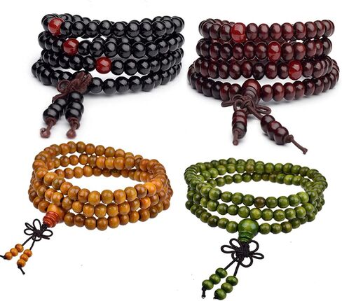 Caiyao 108 Mala Wooden Beads Bracelet Necklace Elastic Healing Wood Sandalwood Seed Buddhist Bracelet for Women Men Girl Boy Teen Buddha Prayer Meditation Jewelry in Saudi Arabia