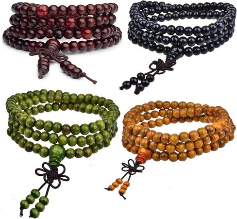 Caiyao 108 Mala Wooden Beads Bracelet Necklace Elastic Healing Wood Sandalwood Seed Buddhist Bracelet for Women Men Girl Boy Teen Buddha Prayer Meditation Jewelry in Saudi Arabia