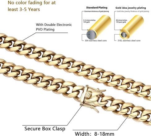 Hip Hop 14K Cuban Link Chain 5 Times Real Gold Plated Heavy Solid 8mm-18mm Miami Cuban Link Chain Stainless Steel Necklace or Bracelet for Men in Saudi Arabia