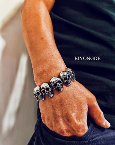 سوار BIYONGDE جماجم بسلسلة ربط للرجال، مشبك خطاف زنبركي متقاطع، ستانلس ستيل، رجالي قوطي in Kuwait