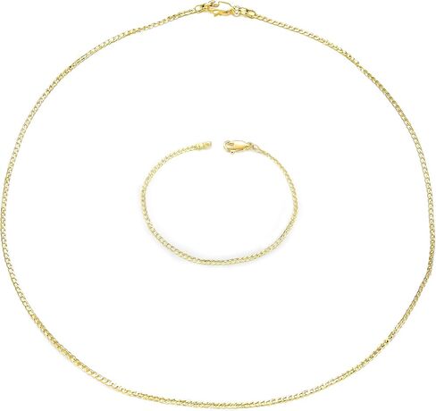 طقم عقد وسوار وسلسلة كوبية مطلية بالذهب الاصفر عيار 18 قيراط 1.7 ملم للرجال والنساء، سلسلة وسوار صلب لا يسبب الحساسية مع مشبك لوبستر، عبوة من قطعتين، مطلية بالذهب، بدون احجار كريمة, مطلي بالذهب, لا in Kuwait