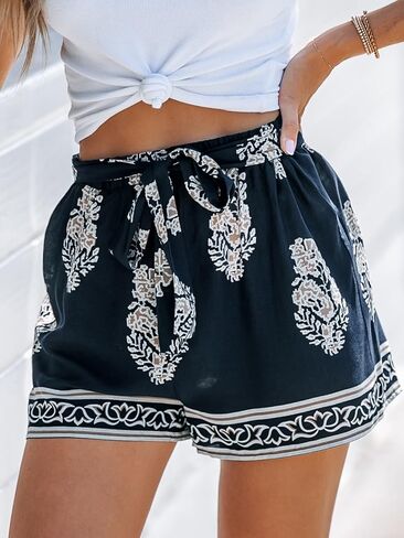 CUPSHE Women's Shorts 2023 Geo Print Belted Casual Mini Shorts Black in Saudi Arabia