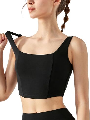 حمالة صدر رياضية للنساء من YIAFDERY برقبة مربعة طويلة وقابلة للإزالة ومبطنة ومنخفضة التأثير حمالة صدر لليوجا والتمارين الرياضية in Kuwait