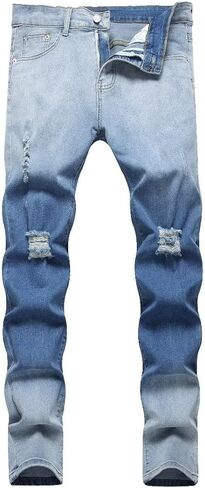 بنطال جينز LONGBIDA رجالي ممزق بقصة ضيقة وضيق ومدمر من قماش الدنيم المطاطي in Kuwait