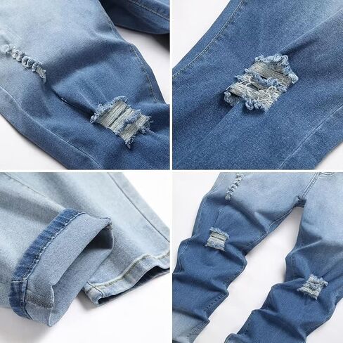 بنطال جينز LONGBIDA رجالي ممزق بقصة ضيقة وضيق ومدمر من قماش الدنيم المطاطي in Kuwait