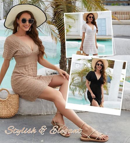 MISS MOLY Women's Crochet Swimsuit Cover Ups V Neck Bathing Suit Swimwear Bikini Coverup Knit Summer Beach Dress in Saudi Arabia
