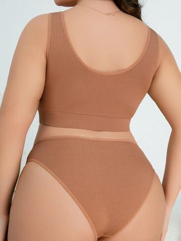 OYOANGLE Women's Plus Size 2 Piece Rib Knit Cut Out Wireless Bra and Panty Lingerie Set in Saudi Arabia