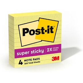 Post-it Super Sticky Lined Notes, 4 Sticky Note Pads, 4 x 4 in., School Supplies for Students, Ideal for Textbooks, Notebooks, Walls and Vertical Surfaces, Canary Yellow