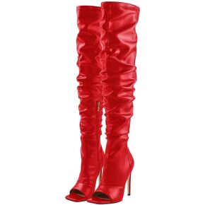 LISHAN Women's Thigh High Boots Square peep Toe Stiletto Heel Over The Knee Lace Up Side Zipper Long Boots