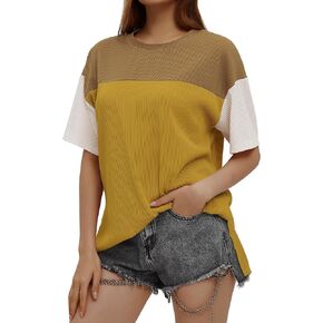 Women's Dressy Casual Tops Color Block Shirts Short Sleeve Knitted Tunic Cute Crewneck Tops Spring Loose Tee Shirt