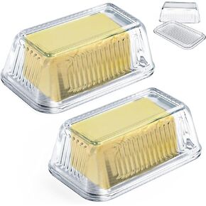 ZEAYEA 2 Pack Glass Butter Dish with Lid, Glass Butter Keeper, 100% Food Safe Clear Butter Serving Dish with Cover for Cream Cheese, Cake, Salad, Candy, Hold 2 Standard Stick Butter