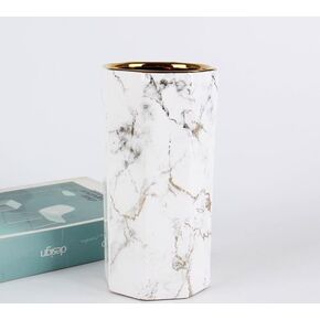 White Gold Finish Marble 10" Ceramic Flower Vase Home Decor Vase and Table Centerpieces Vase Octagon Modern Clean Minimalist