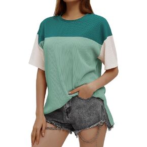 المرأة متأنق بلايز عادية كتلة اللون قمصان قصيرة الأكمام محبوك سترة لطيف Crewneck القمم الربيع فضفاض تي شيرت