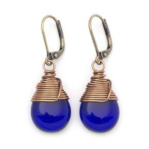 Cobalt Blue Czech Glass Wire-wrapped Drop Bronze Lever-back Earrings 1.4 Inches