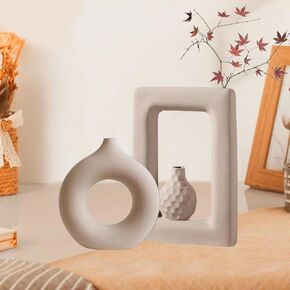 Two-Piece Set of Matte Textured Ceramic vases, Unique Artistic Design, Bohemian Style, Suitable for Home Decoration. (Rectangle and Donut), Clay Yellow, TCHP-001