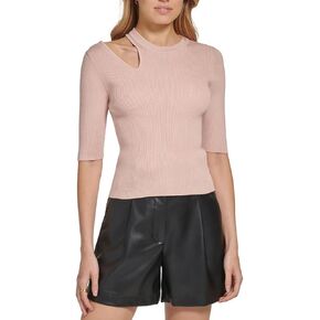 DKNY Womens Shoulder Cut-Out Ribbed Pullover Top Pink XS