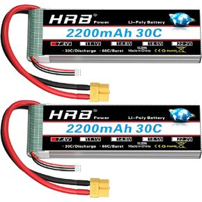 HRB 2S 2200mAh Lipo Battery XT60 30C 7.4V RC Lipo Battery Compatible with RC Car RC Truck RC Boat RC Airplane RC Helicopter (2packs)