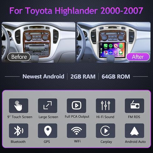 ستيريو راديو السيارة Android لسيارة Toyota Highlander 2000-2007 مع Apple Carplay Android Auto Podofo 9 بوصة وحدة رئيسية 2G RAM 64GROM مع WiFi GPS بلوتوث كاميرا احتياطية HiFi Audio in Saudi Arabia