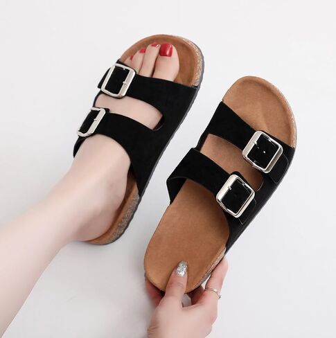 Womens Sandals Cork Footbed Slide Comfortable Summer Beach Shoes Suede Leather with Arch Support Slippers Adjustable Buckle Rubber Sole in Saudi Arabia