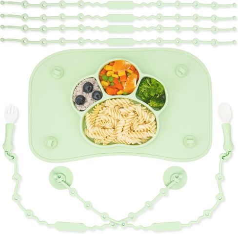 Silicone Suction Plate for Baby, Divided Toddler Food Plate with Spoon and Fork and Toy Safety Strap, Babies & Toddlers Utensils for Self Feeding, Baby Feeding Set, Toddlers Eating Supplies in Saudi Arabia