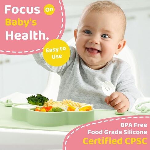 Silicone Suction Plate for Baby, Divided Toddler Food Plate with Spoon and Fork and Toy Safety Strap, Babies & Toddlers Utensils for Self Feeding, Baby Feeding Set, Toddlers Eating Supplies in Saudi Arabia