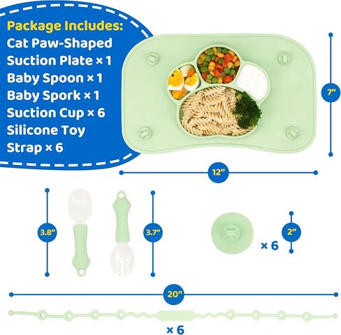 Silicone Suction Plate for Baby, Divided Toddler Food Plate with Spoon and Fork and Toy Safety Strap, Babies & Toddlers Utensils for Self Feeding, Baby Feeding Set, Toddlers Eating Supplies in Saudi Arabia