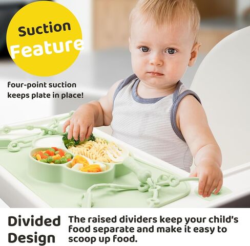 Silicone Suction Plate for Baby, Divided Toddler Food Plate with Spoon and Fork and Toy Safety Strap, Babies & Toddlers Utensils for Self Feeding, Baby Feeding Set, Toddlers Eating Supplies in Saudi Arabia