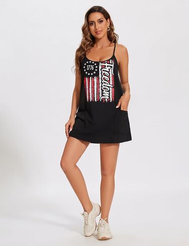 American Flag Mini Dress with Built-in Shorts Women 4th of July Patriotic Dresse in Saudi Arabia