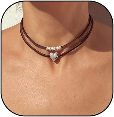 Layered Leather Love Heart Choker Necklace Boho Coin Clavicle Necklace Geometric Ellipse stone Statement Clavicle Cord for Women Men Girls Gift in Saudi Arabia