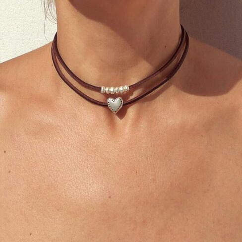 Layered Leather Love Heart Choker Necklace Boho Coin Clavicle Necklace Geometric Ellipse stone Statement Clavicle Cord for Women Men Girls Gift in Saudi Arabia