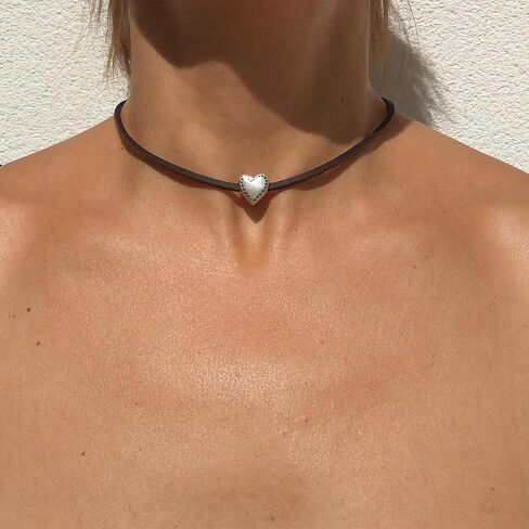 Layered Leather Love Heart Choker Necklace Boho Coin Clavicle Necklace Geometric Ellipse stone Statement Clavicle Cord for Women Men Girls Gift in Saudi Arabia