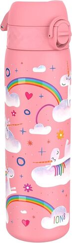 Ion8 Water Bottle, 500 ml/18 oz, Leak Proof, Easy to Open, Secure Lock, Dishwasher Safe, BPA Free, Flip Cover, Carry Handle, Easy Clean, Odor Free, Carbon Neutral, Pink, Unicorn Rainbows Design in Saudi Arabia