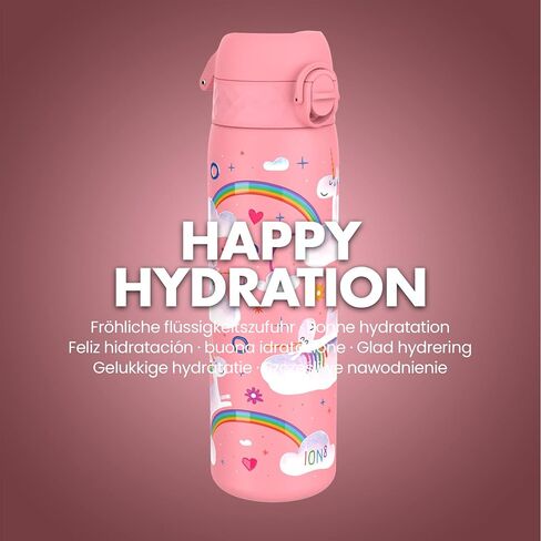 Ion8 Water Bottle, 500 ml/18 oz, Leak Proof, Easy to Open, Secure Lock, Dishwasher Safe, BPA Free, Flip Cover, Carry Handle, Easy Clean, Odor Free, Carbon Neutral, Pink, Unicorn Rainbows Design in Saudi Arabia