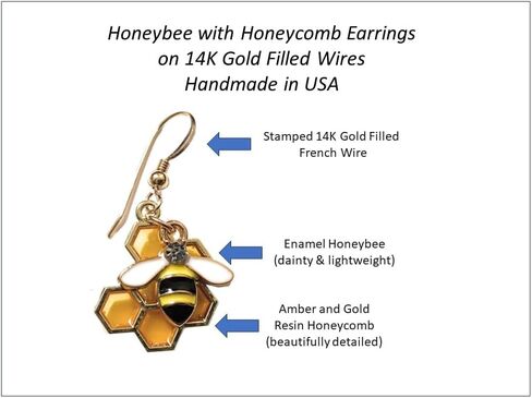 Honey Bumble Bee Dangle Earrings 14K Gold Filled Wires for Women Handmade in USA in Saudi Arabia
