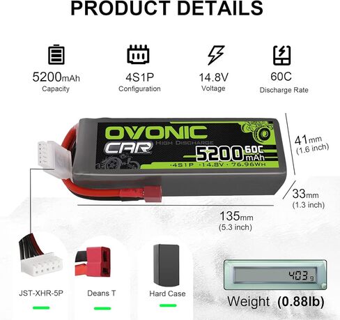 OVONIC 4S Lipo Battery 14.8V 60C 5200mAh RC Lipo with Deans T Connector for RC Buggy Truggy Crawler Monster Car Boat Truck 2 Pack in Saudi Arabia