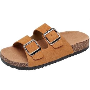 صنادل نسائية من الفلين بوسادة قدم منزلق أحذية شاطئ صيفية مريحة من جلد الغزال مع نعال داعمة للقوس ونعل مطاطي بإبزيم قابل للتعديل in Kuwait