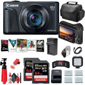 Canon PowerShot SX740 HS Digital Camera (Black) (2955C001) + 2 x 64GB Cards + 3 x NB13L Batteries + Corel Photo Software + Charger + Card Reader + Light + Bag + More (International Model) (Renewed)