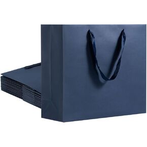 Umoofine Large Navy Blue Gift Bag with Ribbon Handles 12 Pack, 12.6x4.5x11 inches Extra Large Navy Gift Bag , Reusable Heavy Duty Kraft Navy Blue Kraft Bag Paper Bags Bulk for Shopping, Gift, Retail