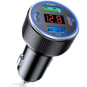 USB C Car Charger Adapter, 78W 4 Port Metal Fast Charging USB Car Charger with Voltmeter Dual USB C Car Phone Charger Type C Cigarette Lighter USB Charger for iPhone 15/14/13/12, Samsung Galaxy, iPad