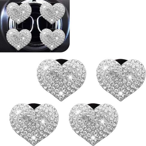 4 قطع مشبك تزيين بفتحة تهوية السيارة، زخرفة فتحة تهوية مكيف الهواء على شكل قلب من الماس اللامع للنساء، تركيب بمشبك غير مدمر، ملحق داخلي عالمي للسيارات (أبيض) in Kuwait