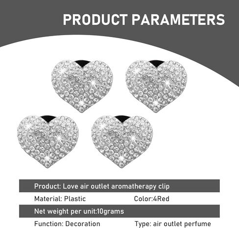 4 قطع مشبك تزيين بفتحة تهوية السيارة، زخرفة فتحة تهوية مكيف الهواء على شكل قلب من الماس اللامع للنساء، تركيب بمشبك غير مدمر، ملحق داخلي عالمي للسيارات (أبيض) in Kuwait
