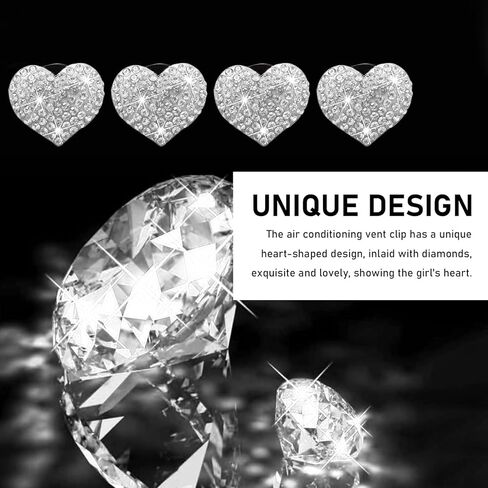4 قطع مشبك تزيين بفتحة تهوية السيارة، زخرفة فتحة تهوية مكيف الهواء على شكل قلب من الماس اللامع للنساء، تركيب بمشبك غير مدمر، ملحق داخلي عالمي للسيارات (أبيض) in Kuwait