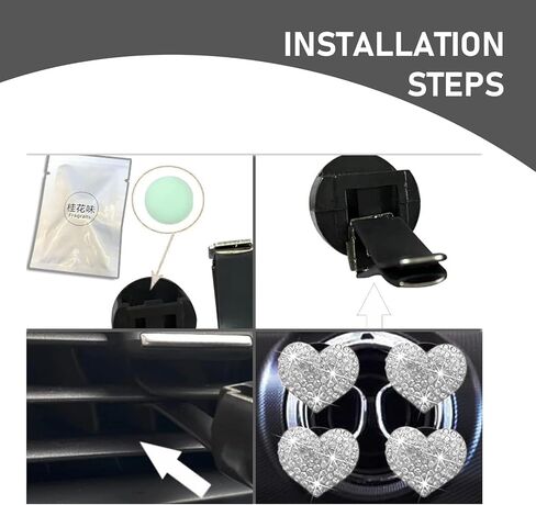 4 قطع مشبك تزيين بفتحة تهوية السيارة، زخرفة فتحة تهوية مكيف الهواء على شكل قلب من الماس اللامع للنساء، تركيب بمشبك غير مدمر، ملحق داخلي عالمي للسيارات (أبيض) in Kuwait