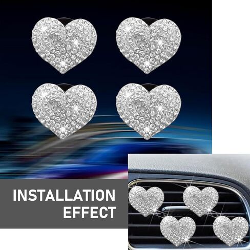 4 قطع مشبك تزيين بفتحة تهوية السيارة، زخرفة فتحة تهوية مكيف الهواء على شكل قلب من الماس اللامع للنساء، تركيب بمشبك غير مدمر، ملحق داخلي عالمي للسيارات (أبيض) in Kuwait