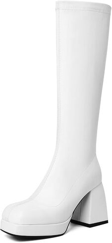 Yallmay Black Platform Boots Knee High Boots for women Go Go Boots Square Toe Chunky Boots Mid-Calf Boots in Kuwait
